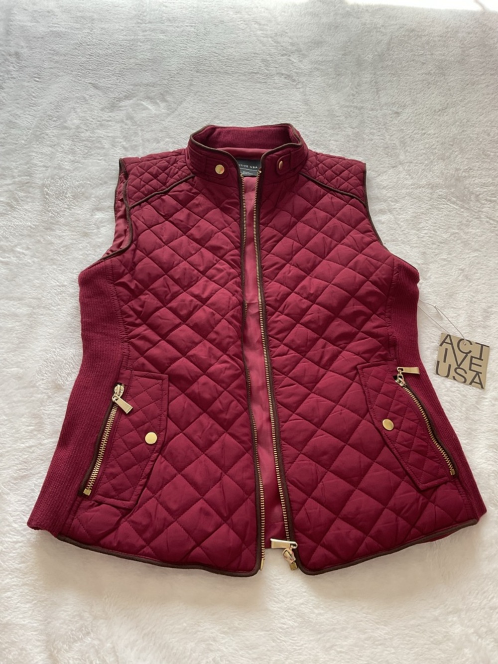Active USA Burgundy Quilted Vest Gold Zip Knit Side Panels Women S NWT - Picture 8 of 14